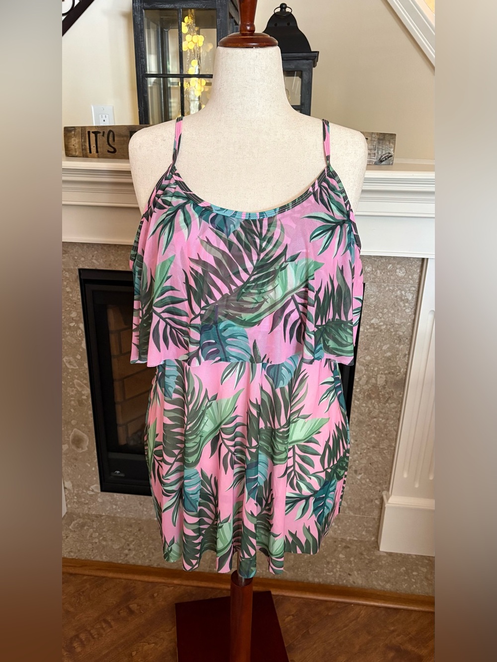Pink Tropical Leaf Print Swim-dress
